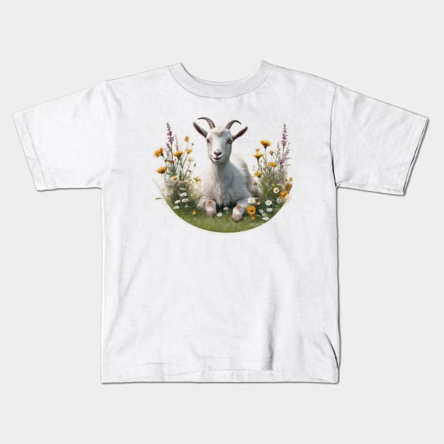 Goat in a field of flowers Kids T-Shirt by JnS Merch Store